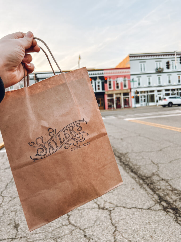 Hand holding shopping bag in front of stores